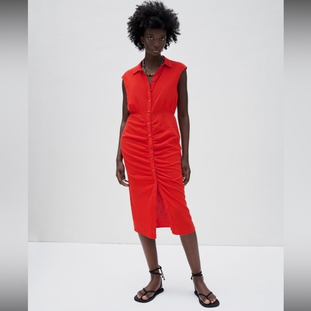 Zara NWT Red Linen Blend Button Front Ruched Sleeveless Midi Dress Size L